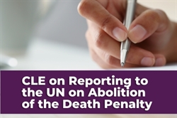 [ai] A close-up of a hand holding a pen, writing on a piece of paper. In the background, a coffee cup is visible. The foreground features text reading 'CLE on Reporting to the UN on Abolition of the Death Penalty' in bold white letters on a dark purple background.